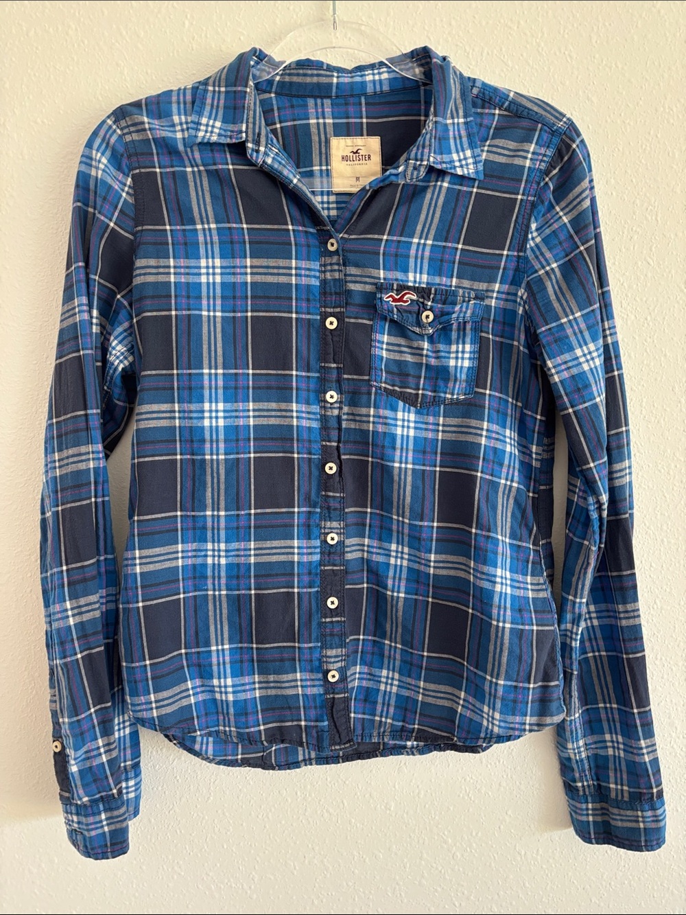 Hollister Blue Navy Plaid Button-Down Shirt Y2K Checkered Western Country